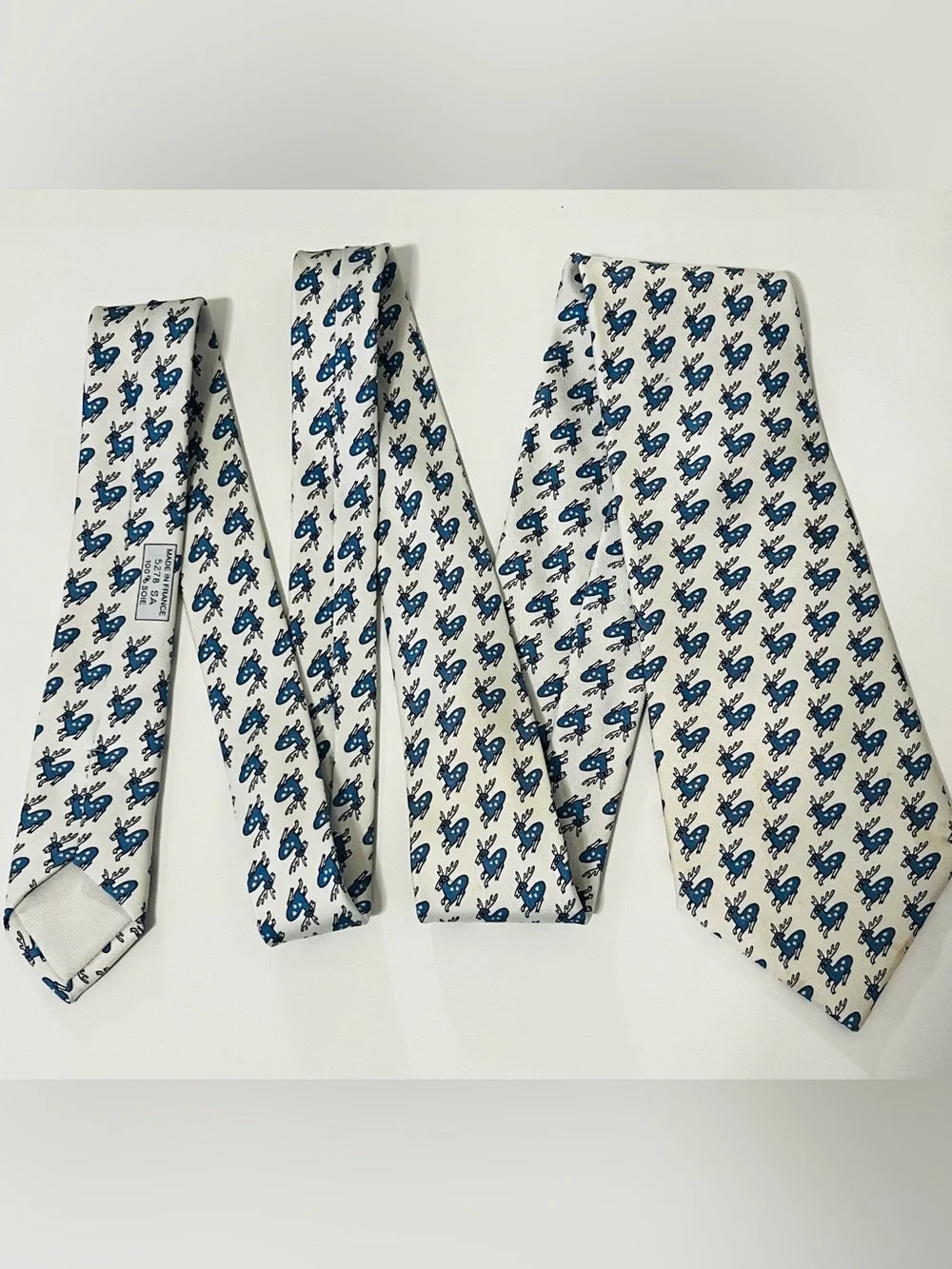 HERMES 5278 SA Mens Neck Tie 100% Silk Deer Stag Novelty Blue France Fathers Day